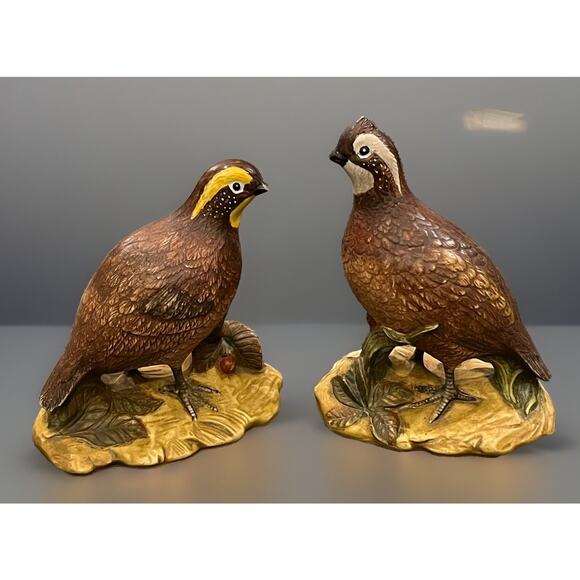 VTG Quail Set 8.5" Holland Mold Pottery Hand Painted Ceramic Art Birds Glass - Picture 2 of 8
